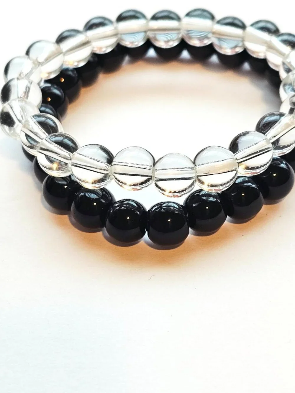 Black Onyx Clear Quartz Beaded Bracelet Set His & Hers Couples Stretch 8mm Boho